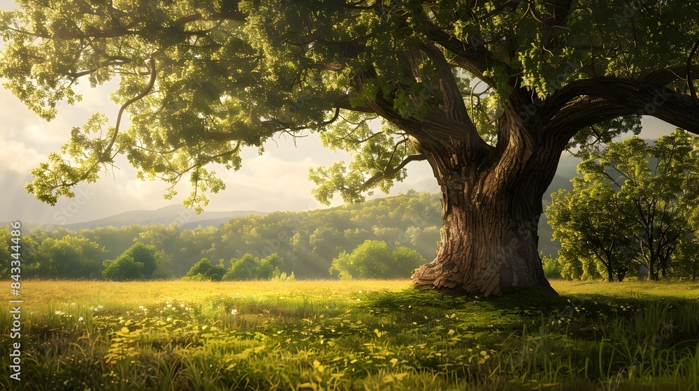 Majestic Oak Tree Standing Tall in Lush Verdant Meadow Under Warm Sunlit Skies Majestic Oak Tree Standing Tall in Lush Verdant Meadow Under Warm Sunlit Skies