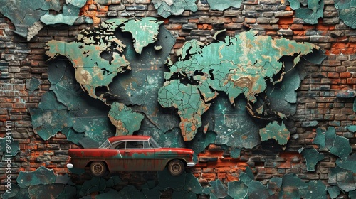 Intricate 3D wallpaper of a green world map design, emerging from a cracked brick wall, with a classic red and black car centered in the scene