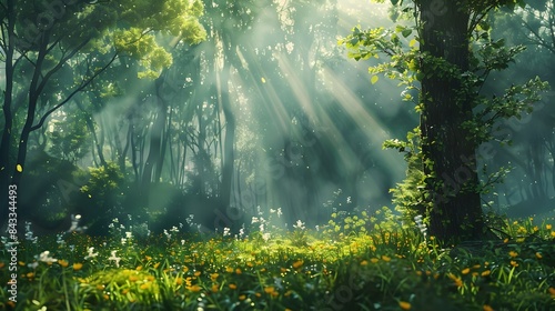 Magical Sunlight Beams Cascading Through Lush Green Woodland Canopy Creating Ethereal Serene Landscape