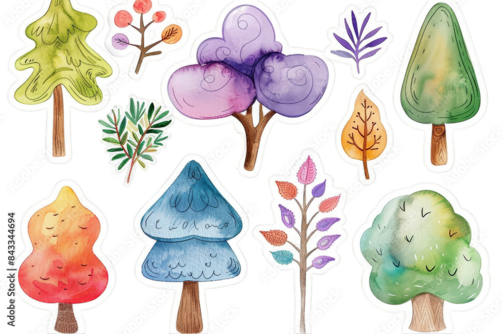 Collection of various watercolor trees with whimsical and magical shapes, featuring vibrant colors such as green, purple, blue, yellow, and orange, on a transparent background Collection of various watercolor trees with whimsical and magical shapes, featuring vibrant colors such as green, purple, blue, yellow, and orange, on a transparent background