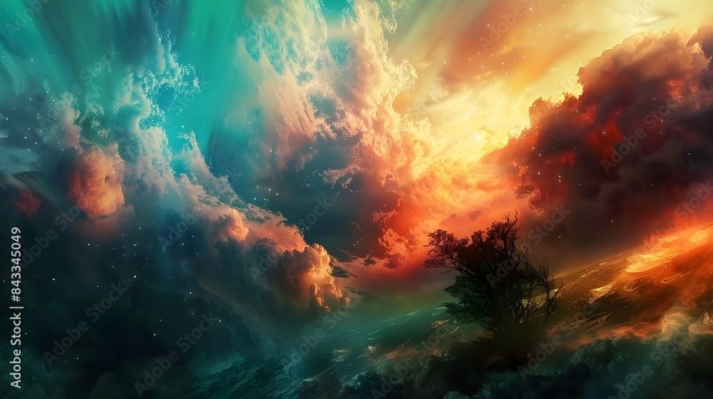 Mesmerizing Celestial Landscape with Dramatic Stormy Skies and Vibrant Colors Mesmerizing Celestial Landscape with Dramatic Stormy Skies and Vibrant Colors