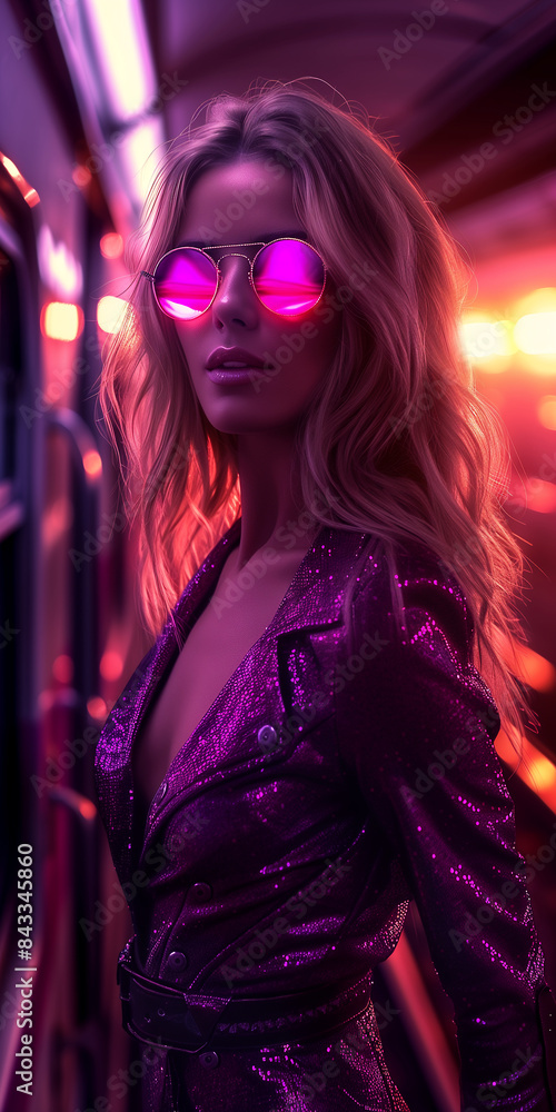 A woman in a pink dress is standing in front of a purple background with smoke. The smoke is coming from a fire, and the woman is holding a handbag. The image has a dreamy and ethereal quality A woman in a pink dress is standing in front of a purple background with smoke. The smoke is coming from a fire, and the woman is holding a handbag. The image has a dreamy and ethereal quality