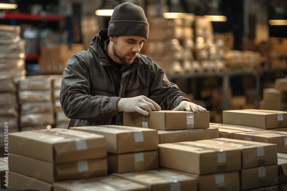 Worker packing boxes in a warehouse Worker packing boxes in a warehouse