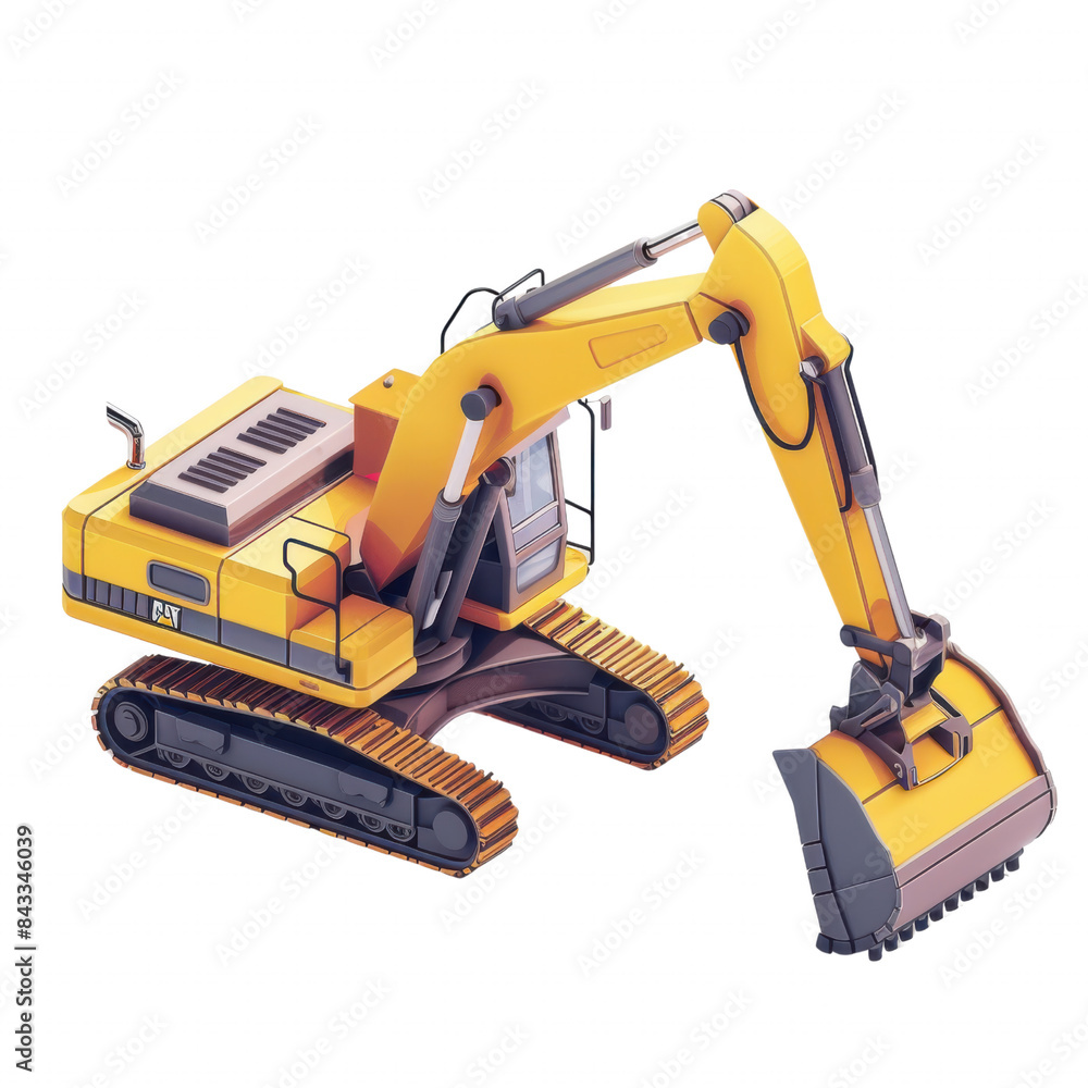 Fototapeta premium Illustration of a yellow construction excavator with a hydraulic arm and bucket, used for heavy-duty digging and earth-moving tasks.