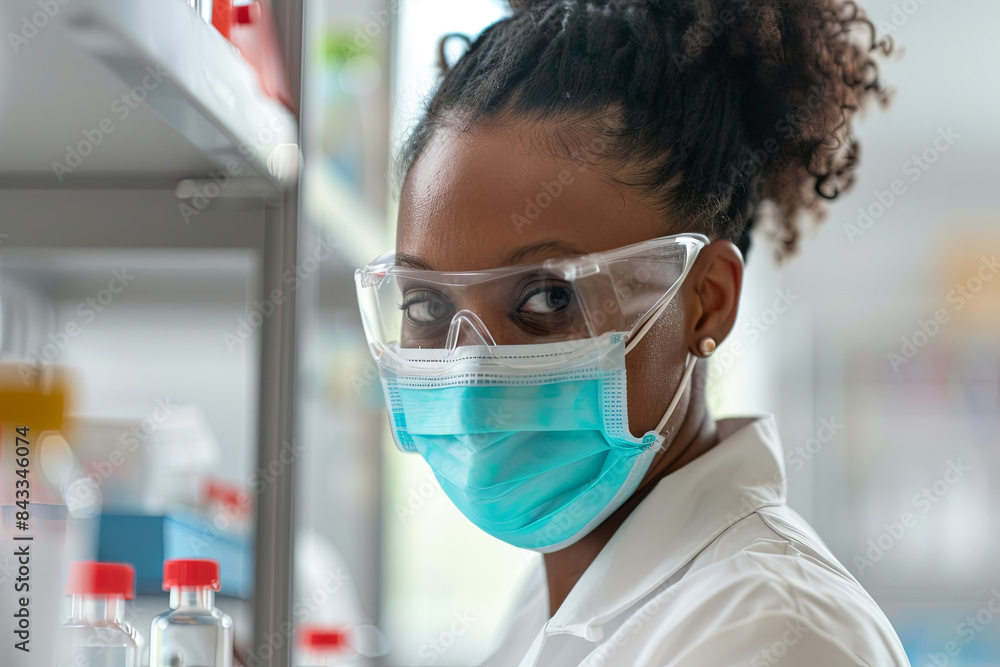 Researcher wearing a face mask examining a sample, with a blurred laboratory background Researcher wearing a face mask examining a sample, with a blurred laboratory background