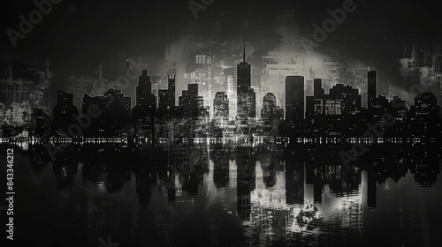 Pitch-black background with a subtle shadow, double exposure revealing the silhouette of cityscapes © Alpha