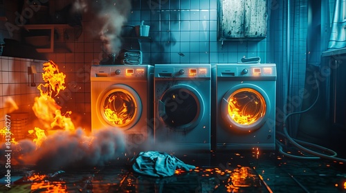 Realistic fire scene with a clothing dryer and washing machine in a drying room, flames and smoke billowing photo
