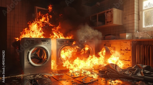 Realistic fire scene with a clothing dryer and washing machine in a drying room, flames and smoke billowing photo