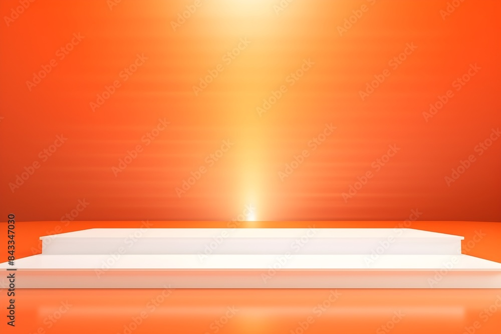 White empty product display podium on warm orange background with spotlight shining from above White empty product display podium on warm orange background with spotlight shining from above