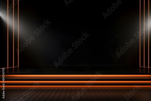 Empty stage with orange neon lights illuminating a black background for placing products award showcase