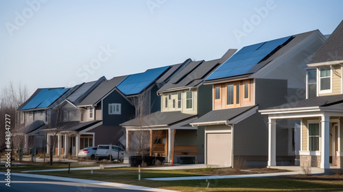 newly constructed homes with solar panels on the roof under a bright sky