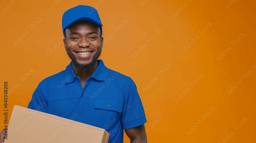 Smiling delivery man in blue uniform holding package against orange background Smiling delivery man in blue uniform holding package against orange background