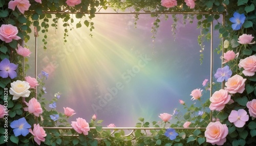 A frame designed to look like a garden trellis covered in climbing roses and morning glories, with a soft, light background for text. photo