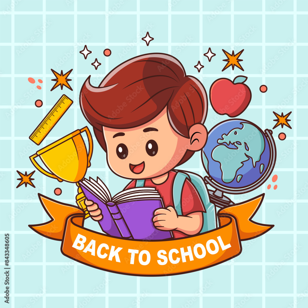 Naklejka premium Vector hand drawn illustration of cute boy reading a book for back to school event
