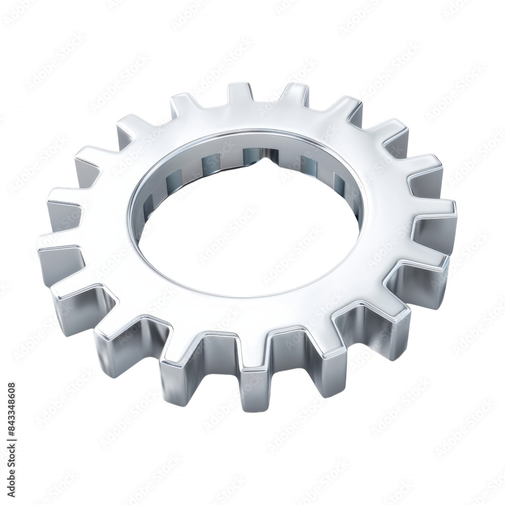 Silver metallic gear isolated on white background, representing mechanics, engineering, and industrial technology. Silver metallic gear isolated on white background, representing mechanics, engineering, and industrial technology.