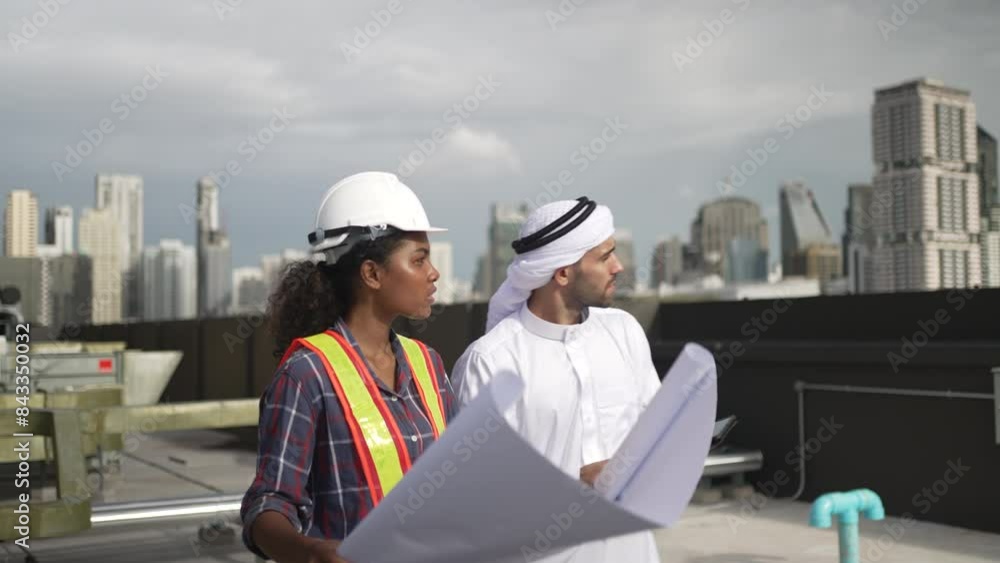Middle eastern man and African woman are working together on rooftop.