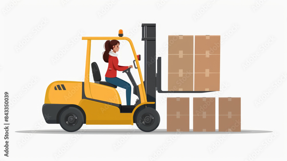 Woman character checking loading and shipment. Forklift truck with worker. Logistic transport service. Vector flat illustration concept.generative ai Woman character checking loading and shipment. Forklift truck with worker. Logistic transport service. Vector flat illustration concept.generative ai