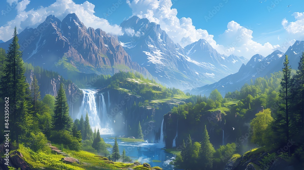 Fototapeta premium Embrace the spirit of adventure with a dynamic waterfall and mountain scene, capturing the thrill of exploration