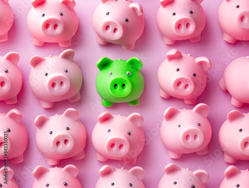 a group of pink and green piggy banks