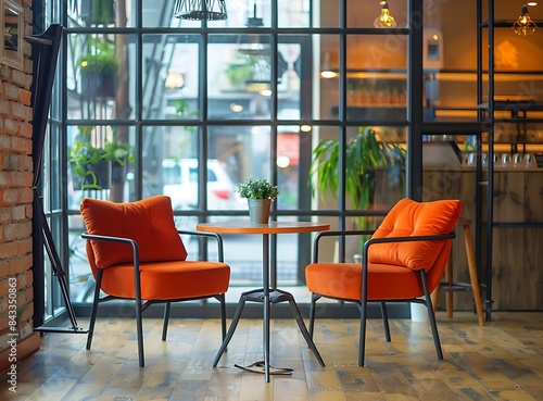 Sofa and armchair with orange cushions in the coffee shop, wooden floor, glass window, industrial style interior design of a modern cafe