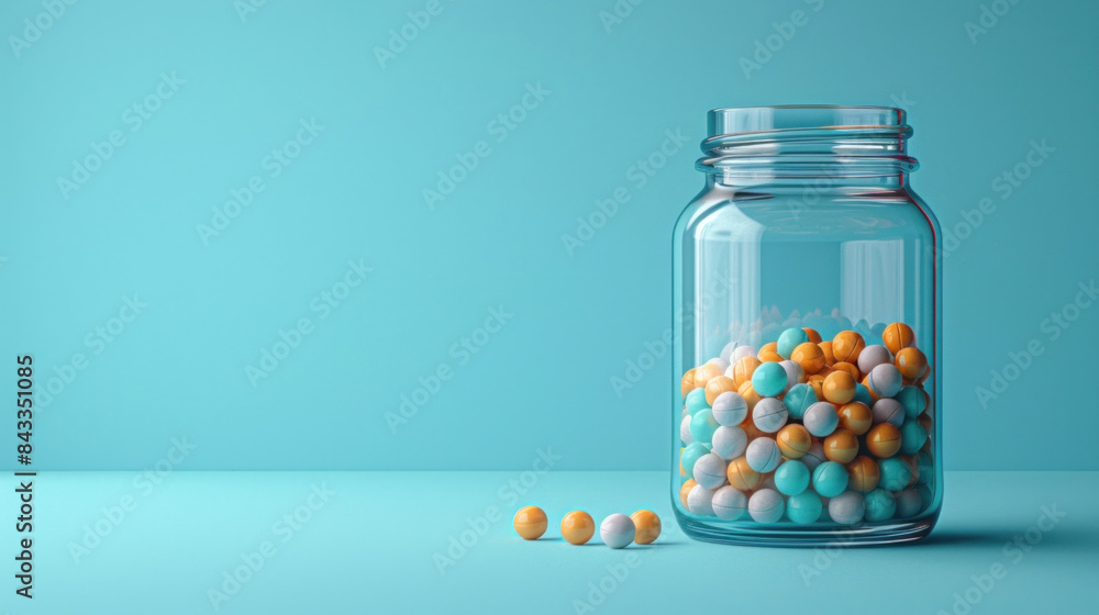 3D realistic jar with round pills and medicine in capsules, representing pharmacy drugs. Medical web poster with a blue background and space for text. 3D realistic jar with round pills and medicine in capsules, representing pharmacy drugs. Medical web poster with a blue background and space for text.