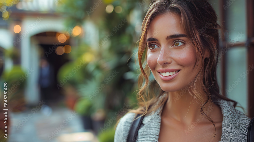 Obraz premium Real estate agent inviting couple to enter house for visit.generative ai