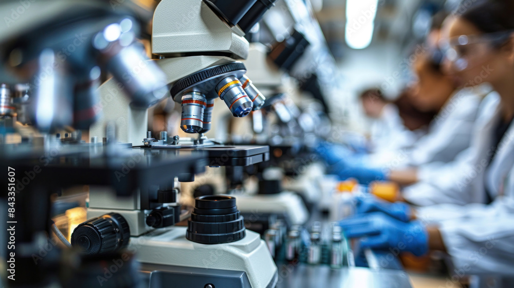 A dedicated team of biochemical researchers collaborating in a pharmaceutical lab, using microscopes to examine virus particles, striving to create an effective coronavirus vaccine.