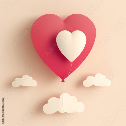 A paper heart and balloon floating among clouds. Minimalistic love and romance design with soft pastel colors.