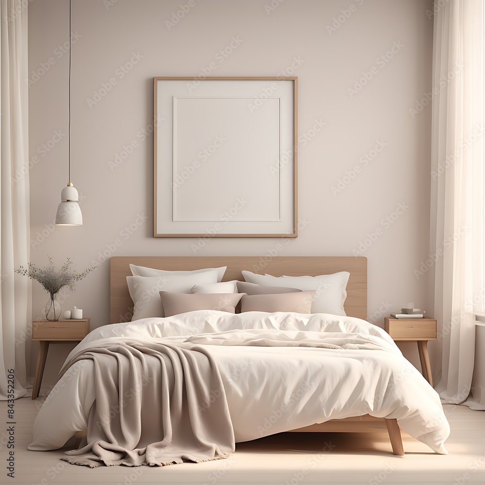 Mockup white empty frame in light cozy and simple bedroom interior background, 3d render Mockup white empty frame in light cozy and simple bedroom interior background, 3d render