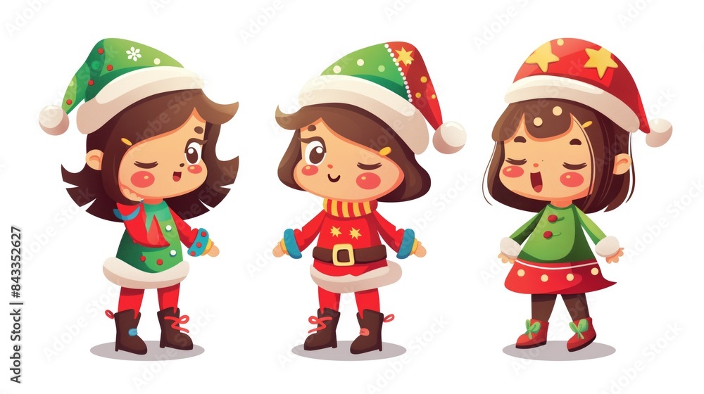 Cute Christmas Elves Characters. Adorable cartoon elves in festive outfits isolated on white background. Ideal for holiday projects. Cute Christmas Elves Characters. Adorable cartoon elves in festive outfits isolated on white background. Ideal for holiday projects.