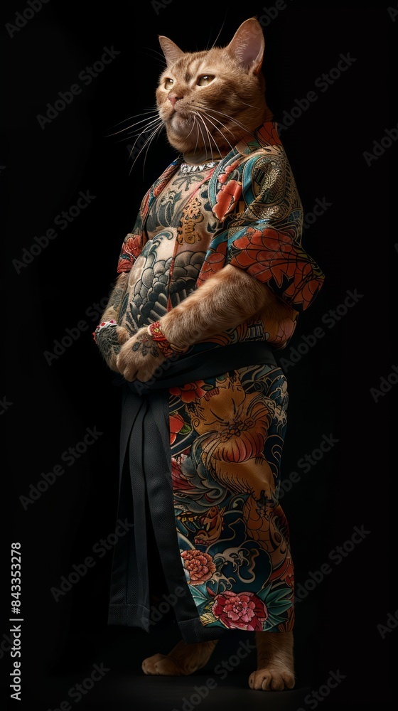Cat wearing a Japanese costume and having a Japanese art tattoo on a black background. Cat wearing a Japanese costume and having a Japanese art tattoo on a black background.