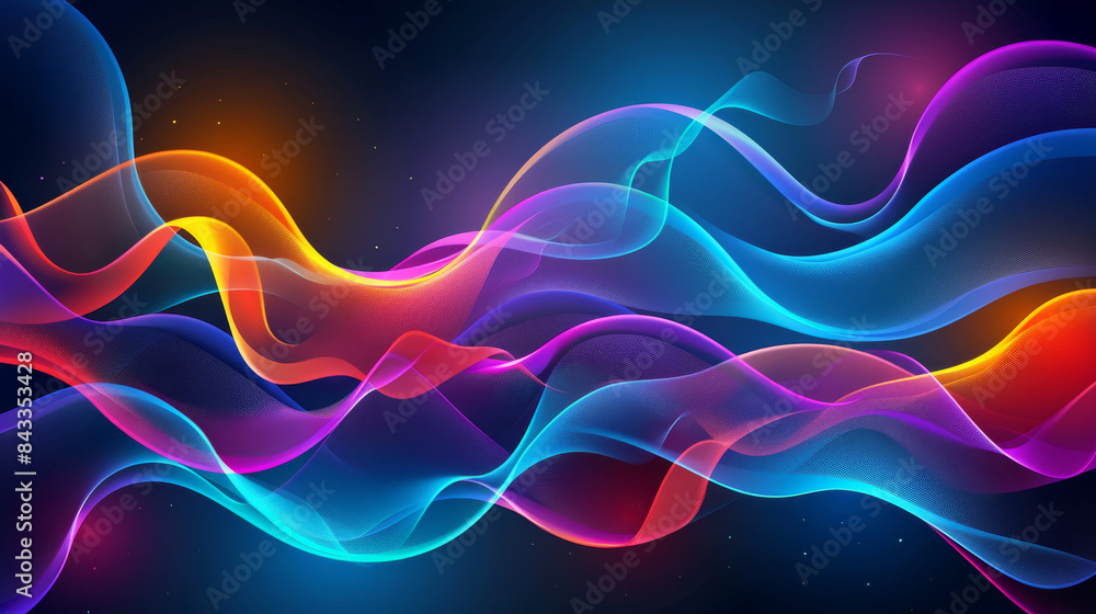 Abstract colorful wavy background with glowing neon lines on dark black, flowing liquid shapes and iridescent color gradients, creating an elegant and modern design element Abstract colorful wavy background with glowing neon lines on dark black, flowing liquid shapes and iridescent color gradients, creating an elegant and modern design element