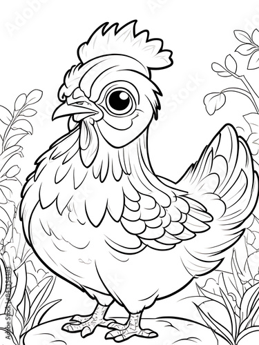 Cartoon hen coloring page coloring drawing without colors white background