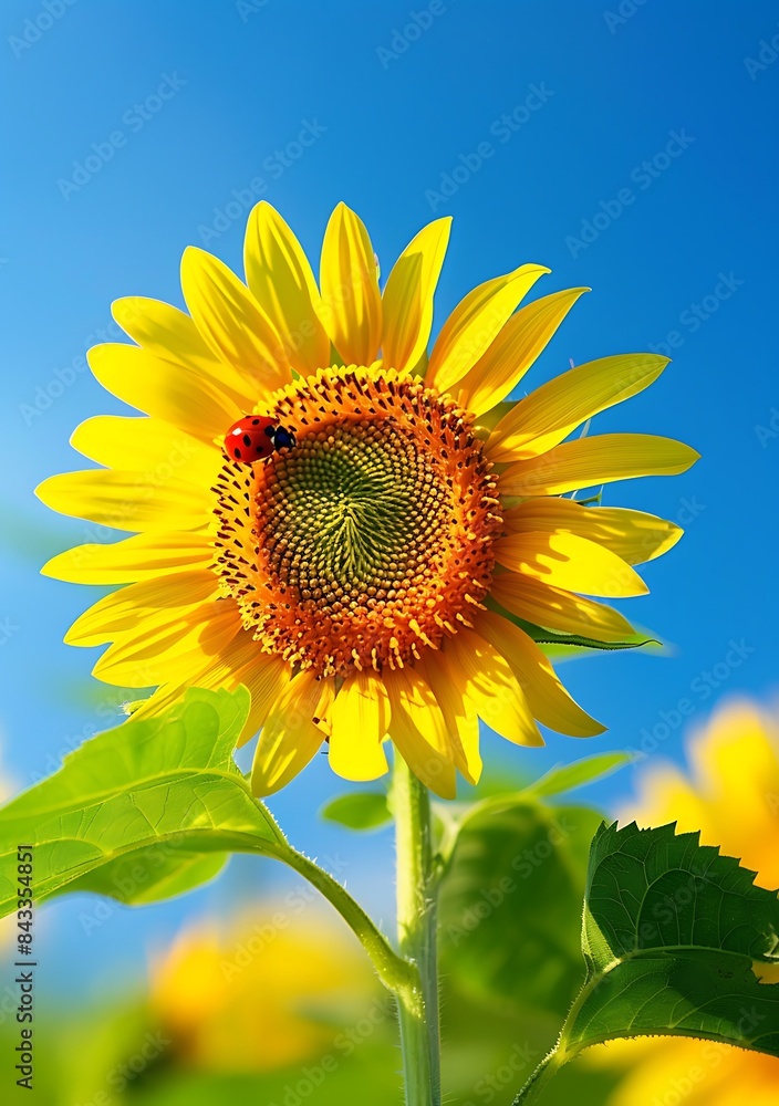 A vibrant yellow sunflower in full bloom, with its petals perfectly arranged and radiating warmth under the clear blue sky A vibrant yellow sunflower in full bloom, with its petals perfectly arranged and radiating warmth under the clear blue sky