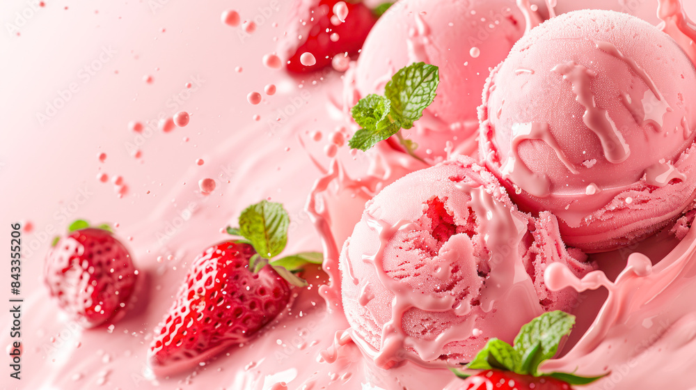 Homemade pink Organic strawberry Ice Cream balls with fresh berries on soft pink background. Pink gelato. Gelateria menu. Strawberry ice cream recipe. vegetarian ice cream. Healthy dessert. Keto diet Homemade pink Organic strawberry Ice Cream balls with fresh berries on soft pink background. Pink gelato. Gelateria menu. Strawberry ice cream recipe. vegetarian ice cream. Healthy dessert. Keto diet
