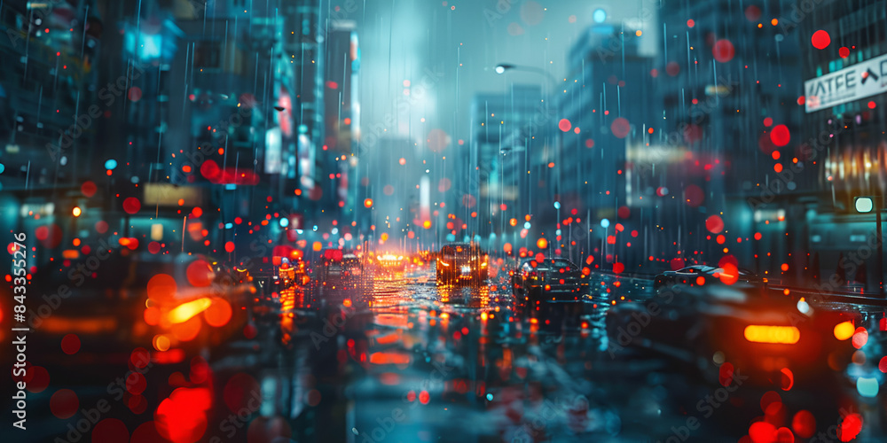 a 3D rendering of a neon mega city with reflections reflected from puddles in the street heading towards buildings A concept for a night life theme a business district center.