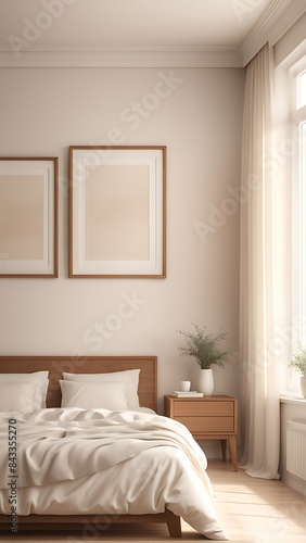 Mockup white empty frame in light cozy and simple bedroom interior background, 3d render