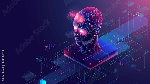 A robot with a purple body and a black background with a purple light, AI in science and business, Technology and engineering concept, Generative AI illustrations. 