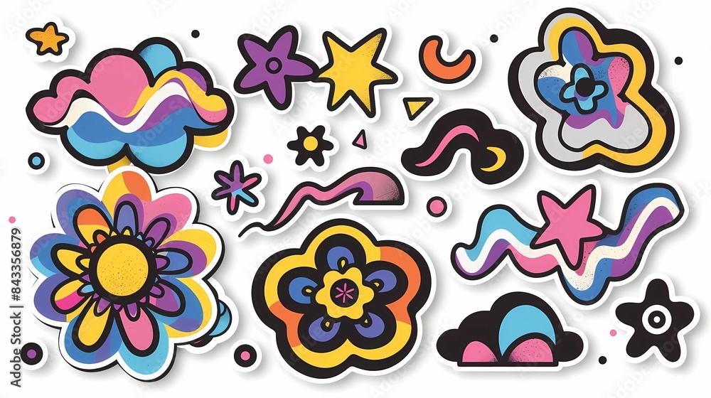 Abstract cloud and flower shapes sticker pack, groovy funky flower, bubble, star, loop, waves in trendy retro cartoon style, Generative AI illustrations. Abstract cloud and flower shapes sticker pack, groovy funky flower, bubble, star, loop, waves in trendy retro cartoon style, Generative AI illustrations.