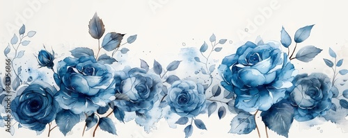 Elegant blue roses and foliage on white blank page, watercolor style