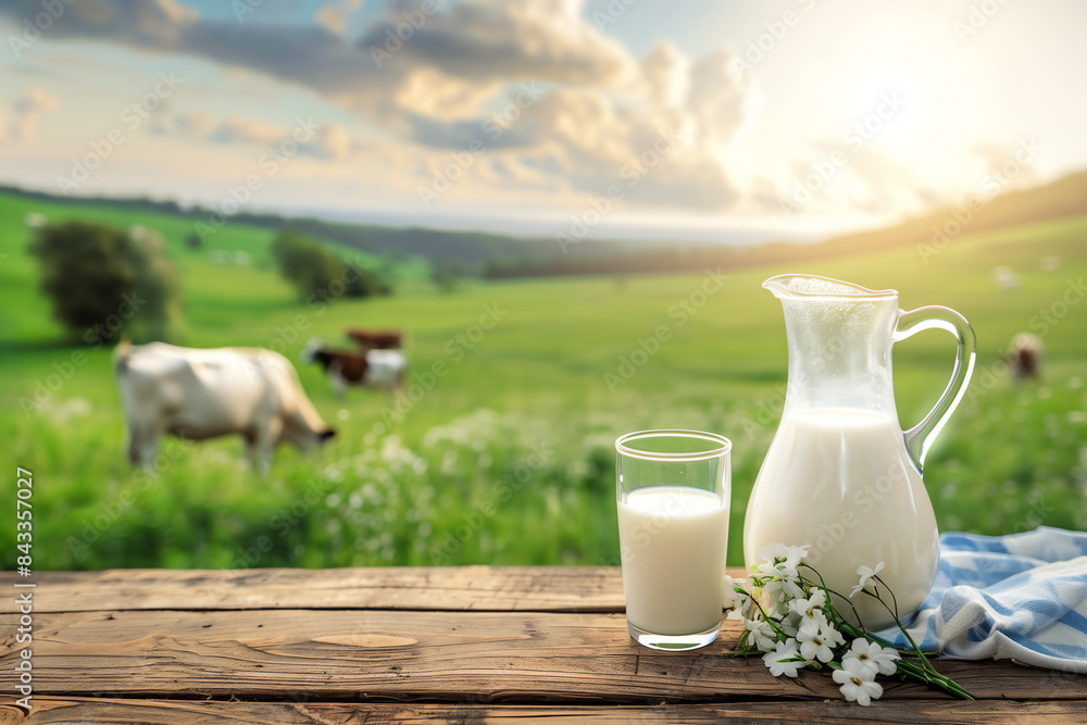 Glass and pitcher of milk on wooden and flower and cows background Glass and pitcher of milk on wooden and flower and cows background
