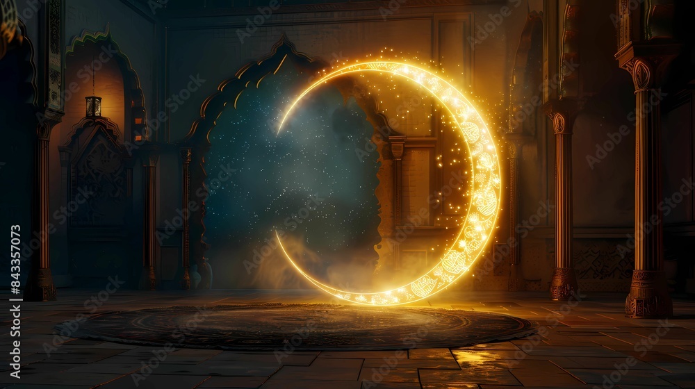 Obraz premium An image for massive crescent with light on floor with ramadan theme background, Generative AI illustratiosn. 