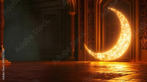 An image for massive crescent with light on floor with ramadan theme background, Generative AI illustratiosn.  photo