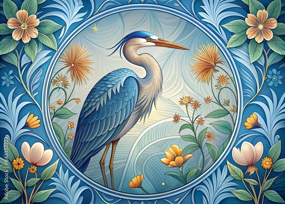 Obraz premium Aigrette In A Circle Of Flowers And Plants.