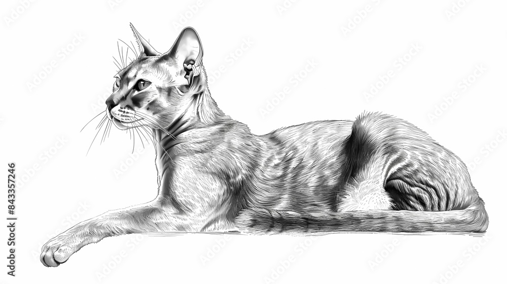 Obraz premium Beautiful lineart illustration of an abyssinian cat full body, monochrome, hyper realism photorealism, Generative AI illustrations. 