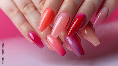 Closeup of colorful, long, almond-shaped nails