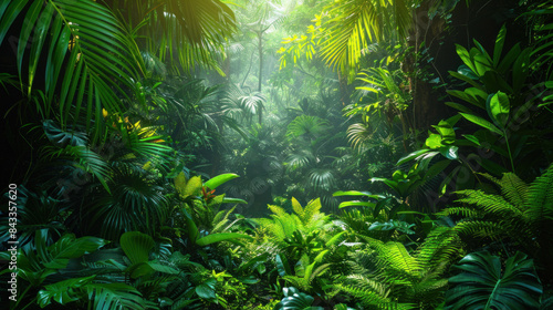Tropical jungle alive with vibrant greenery, towering trees, and a rich diversity of plant life, forming a lush green forest background.