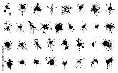 Ink drops and splashes. Blotter spots, liquid paint drip drop splash and ink splatter. Artistic dirty grunge abstract spot vector set. Illustration monochrome drip splash, splat messy inkblot