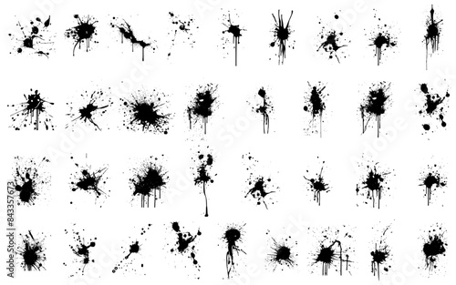 Ink drops and splashes. Blotter spots, liquid paint drip drop splash and ink splatter. Artistic dirty grunge abstract spot vector set. Illustration monochrome drip splash, splat messy inkblot