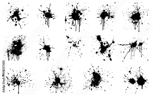 Ink drops and splashes. Blotter spots, liquid paint drip drop splash and ink splatter. Artistic dirty grunge abstract spot vector set. Illustration monochrome drip splash, splat messy inkblot